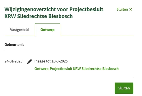 De afbeelding toont het ontwerpbesluit in het wijzigingenoverzicht van de ontwerpen.