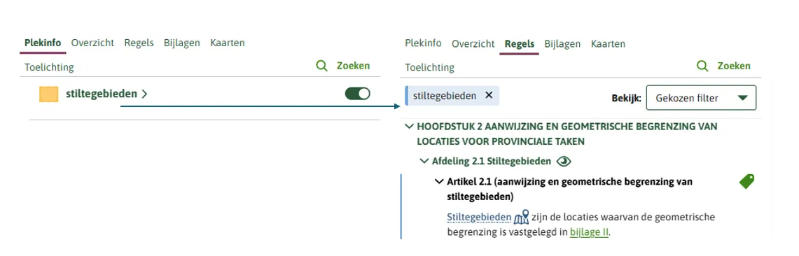 Je ziet in de afbeelding links plek info met de gebiedaanwijzing stiltegebieden. Vanauit daar is er gefilerd in deze gebiedsaanwijzing. Rechts zie je de regels staan die met deze gebiedsaanwijzing zijn geannoteerd.