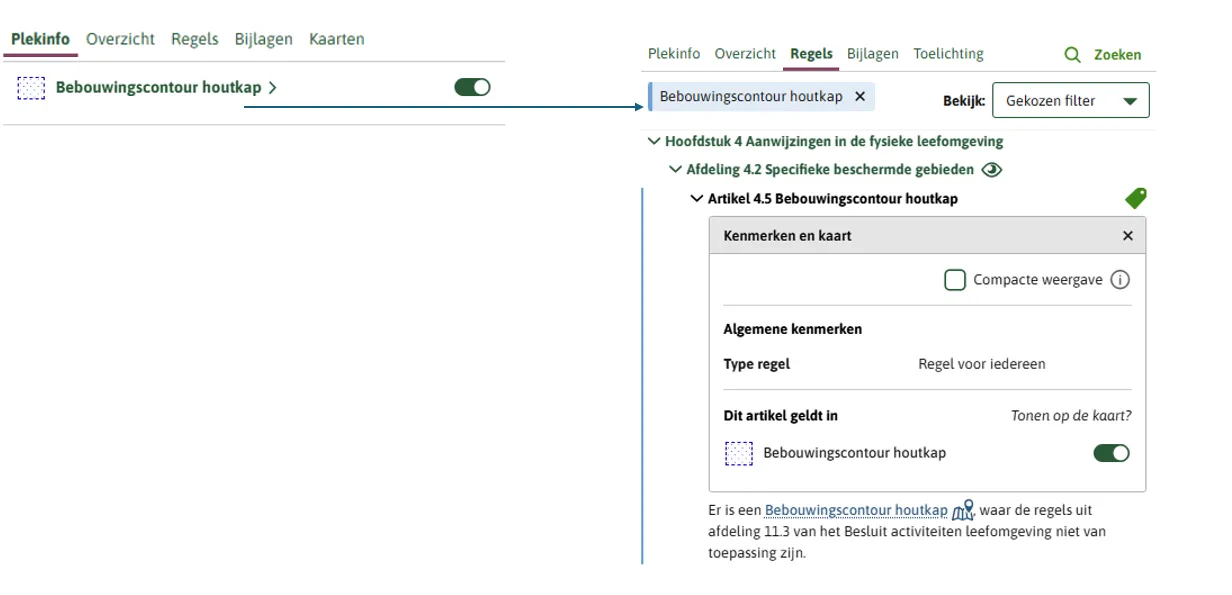 Bij plekinfo in Regels op de kaart zie je de locatie, als je erop klikt wordt er op de locatie gefilterd.