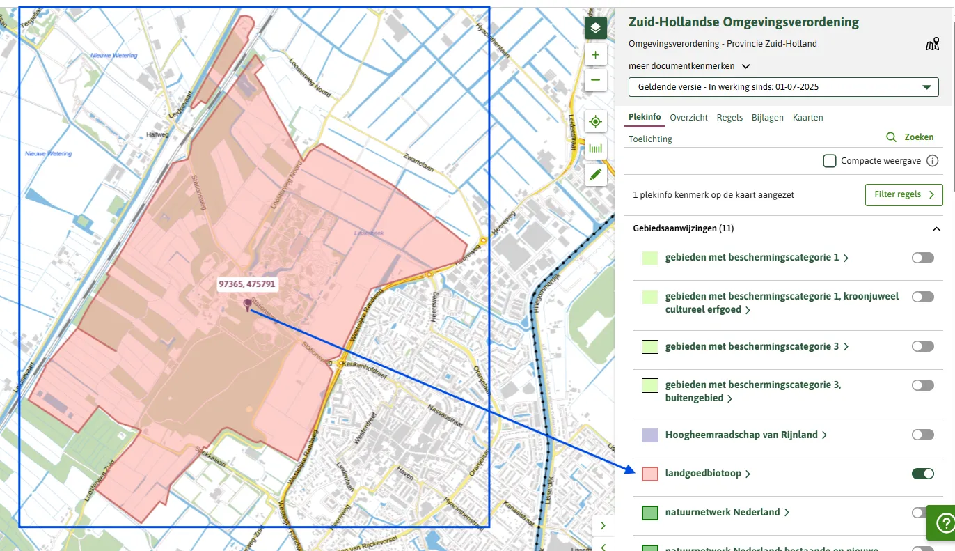 De geometrie van een gebiedsaanwijzing in Regels op de kaart. Je ziet de locatie in de kaart omdat de gebiedsaanwijzing via plekinfo is aangezet.