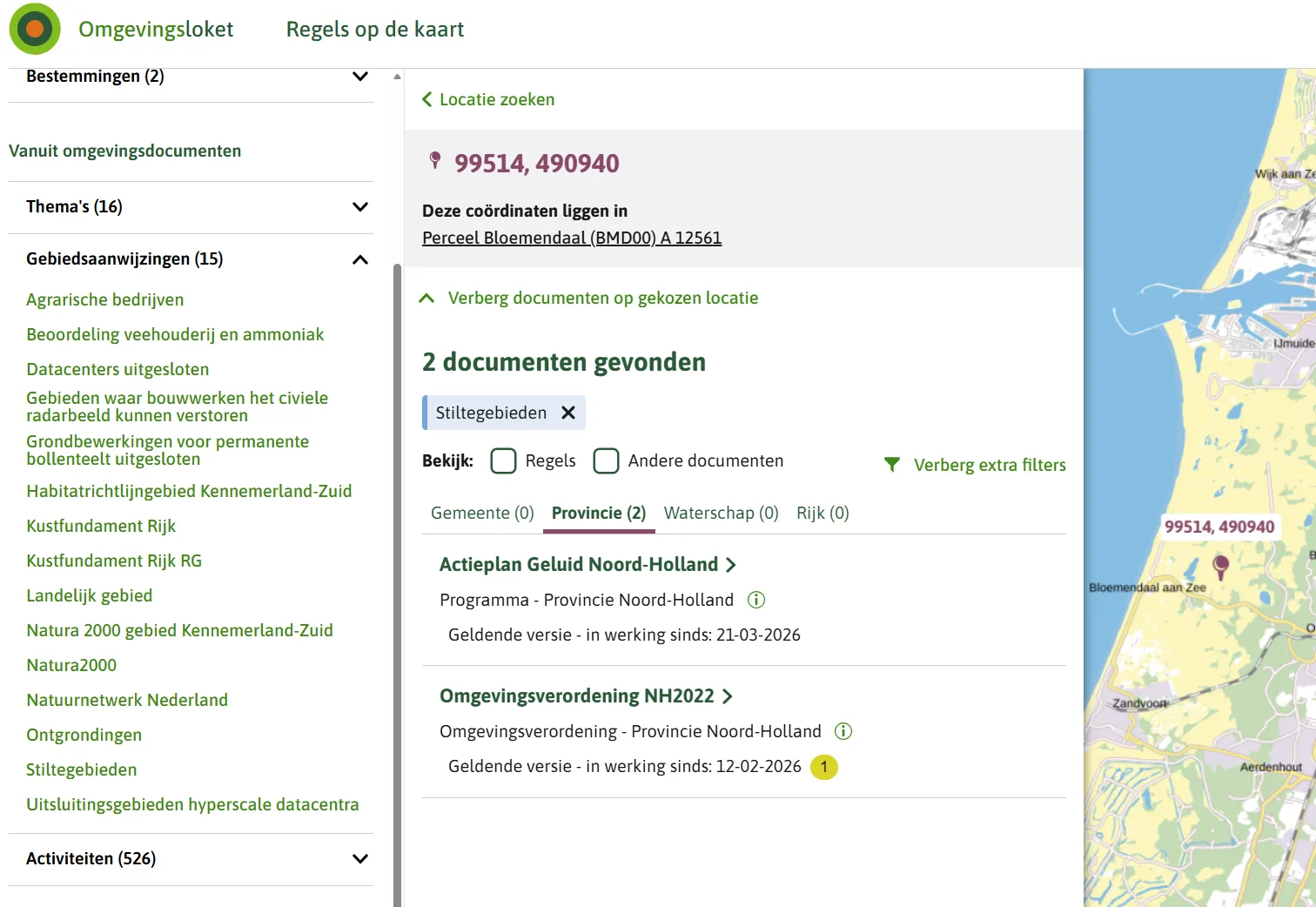 Je ziet het gebruik van een gebiedsaanwijzing als overkoepelend filter. OP een locatie in Noord-holland is er via de extra filters gezocht. je ziet dat er 15 gebiedsaanwijzing gelden op de plek/ E|r is op Stiltegebieden geklikt. Er zijn 2 docmenten met deze gebiedsaanwijzing. 