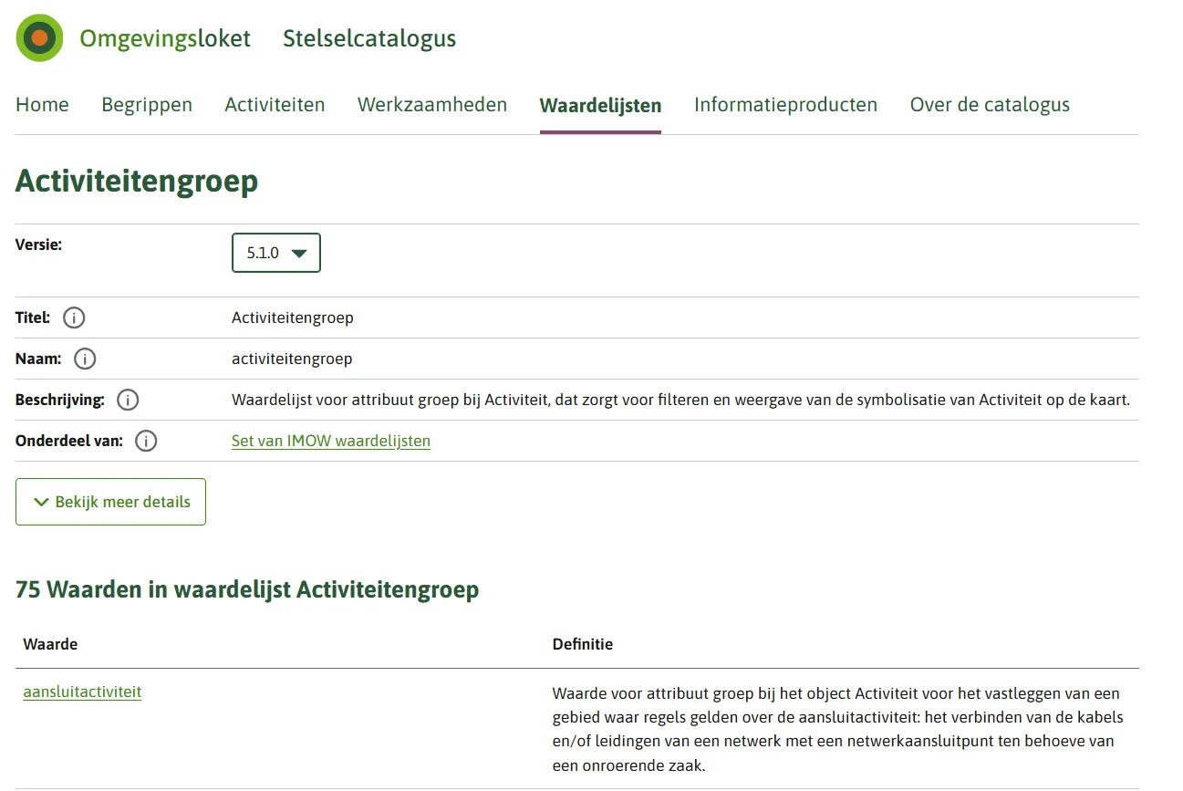 De afbeelding geeft een voorbeeld van een waardelijst in de stelselcatalogus, in dit geval de waardelijst activiteitengroep.