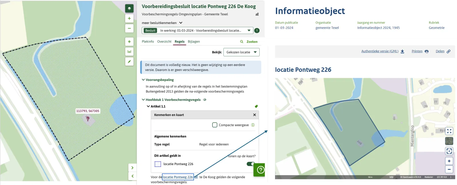De afbeelding laat een voorbeeld zien van een voorbereidingsbesluit waarbij de locatie van het regelingsgebied is benoemd in de tekst en ook is gebruikt als werkingsgebied. In de tekst zie je een link naar het GIO staan. 