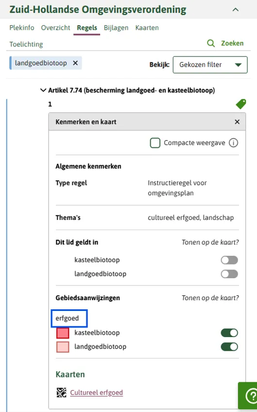Het type van de gebiedsaanwijzing in regels op de kaart, het type zie je in het kenmerkenscherm en is omlijnd.