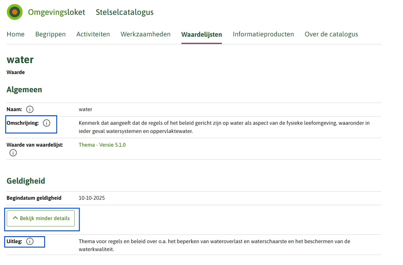 Je ziet een voorbeeld van de waarde water in de waardelijsten thema in de Stelselcatalogus. De omschrijving en uitleg zijn omlijnd. 