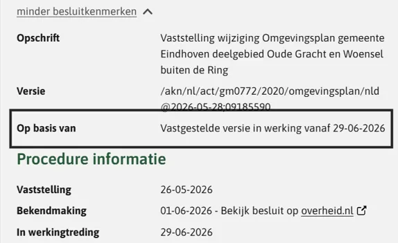screenshot waarin plek is gemarkeerd waar datum inwerkingtreding vastgestelde versie staat